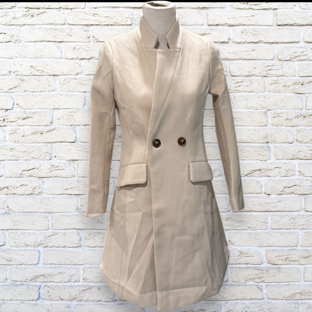 NEW Allegra K Cream Double-Breasted Pea Coat with Lapel Collar - Size XS